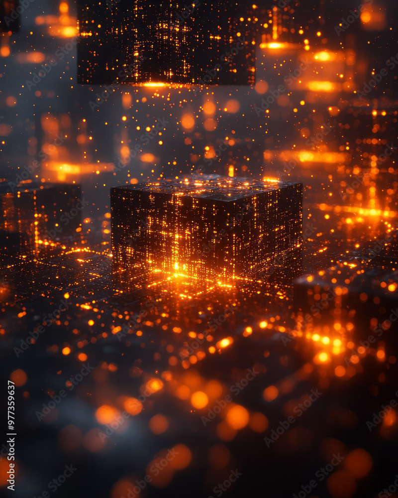 Poster rows of tiny glowing cubes representing data, stacked in a grid-like pattern,