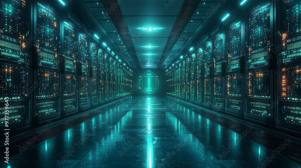 Poster a futuristic server room with rows of glowing servers filled with data streams,