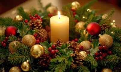 A candle is lit in a wreath of evergreen branches and red berries