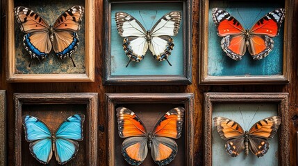 Vintage framed butterfly collection displayed on wooden wall, showcasing diverse butterfly species in antique shadow boxes. 