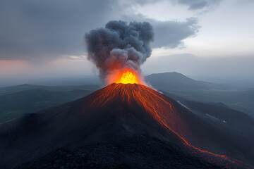 Erupting Volcano with Flowing Lava and Smoke, Dramatic Natural Disaster and Geothermal Activity