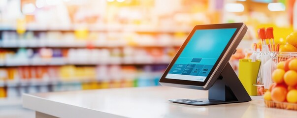 Modern point of sale system on a counter in a vibrant retail store, showcasing an efficient shopping experience.