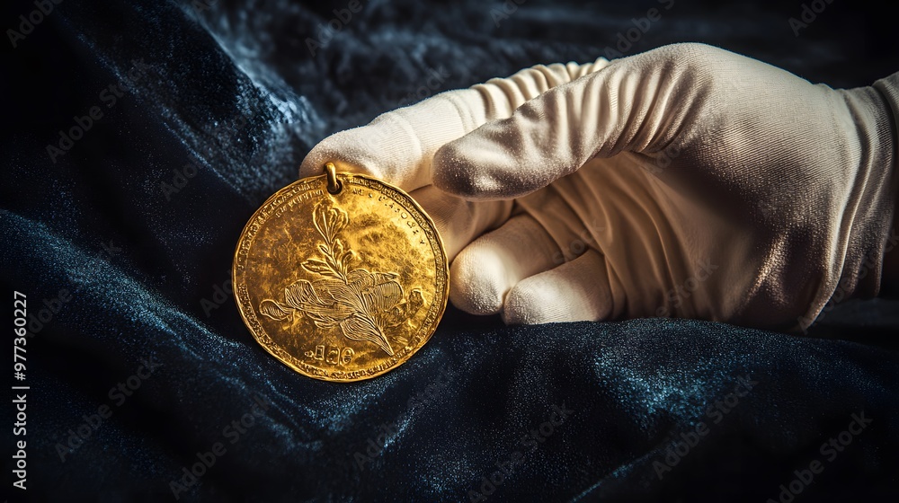 Sticker Medal Presented by Gloved Hand: A gloved hand presenting a gold medal, the medal gleaming brightly against a dark velvet background. 
