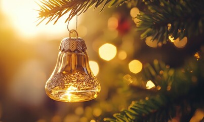 A Christmas tree with a bell hanging from it