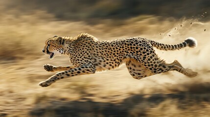 A cheetah sprinting at full speed across the plains, capturing the raw power and speed of the animal