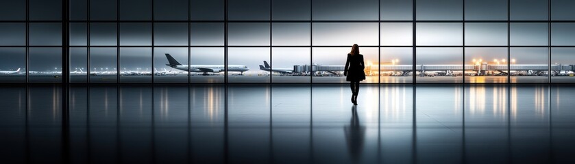 Fototapeta premium Silhouette of a traveler standing at an airport terminal, gazing out at planes through large windows at sunset.