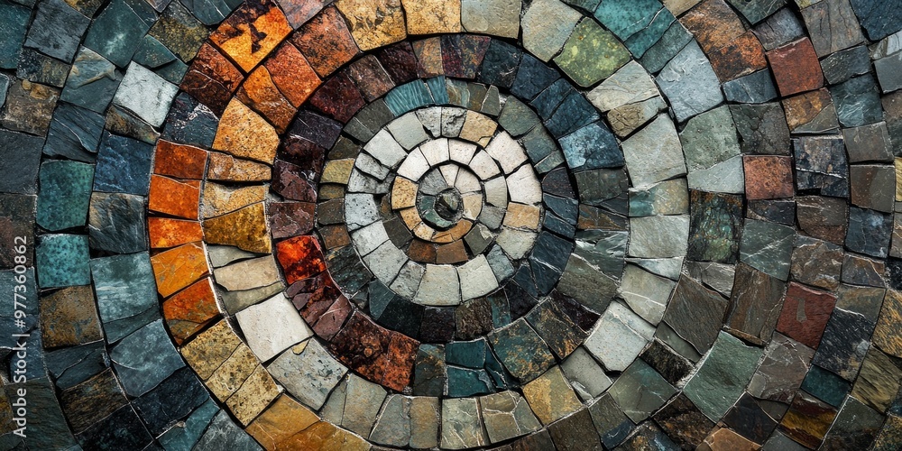 Poster a beautiful mosaic design featuring a circular pattern made of various colored stones. this artistic