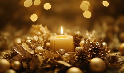 A candle is lit on a table with gold decorations