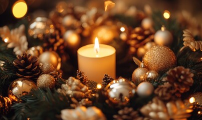 A candle is lit in a wreath of Christmas decorations