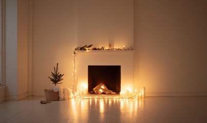 A fireplace with a Christmas tree and lights on it