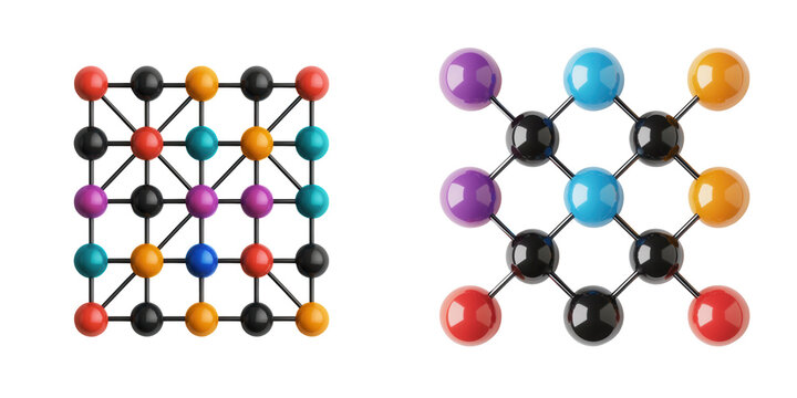 Abstract molecular structure illustration showcasing colorful atoms and bonds in a grid formation for scientific and educational use. isolated on a transparent background