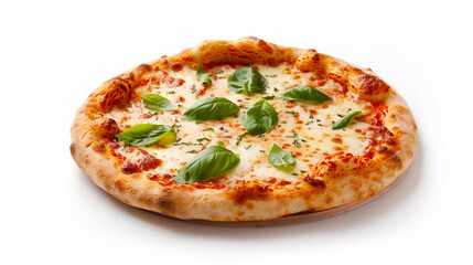 Delicious pizza topped with fresh basil leaves and melted cheese, showcasing golden crust and vibrant colors.