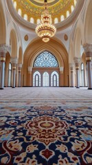 Obraz premium Interior View of Mosque with Geometric Patterns, Chandeliers, and Prayer Mats