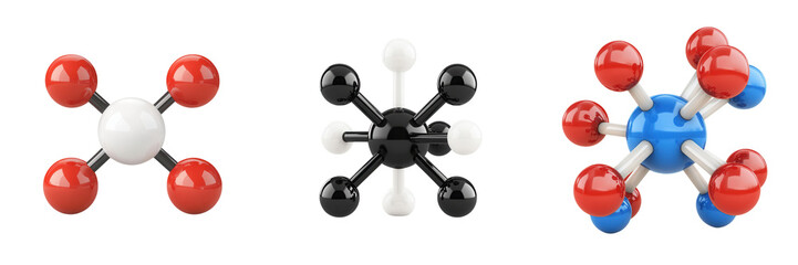 Three molecular models showcasing different chemical structures and compositions for educational and scientific purposes. isolated on a transparent background