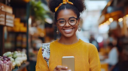A woman in a yellow sweater is smiling and holding a cell phone