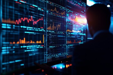 Obraz premium Entrepreneur discussing global environmental policies with partners, faces hidden behind bright screens, global ecosystem, leadership