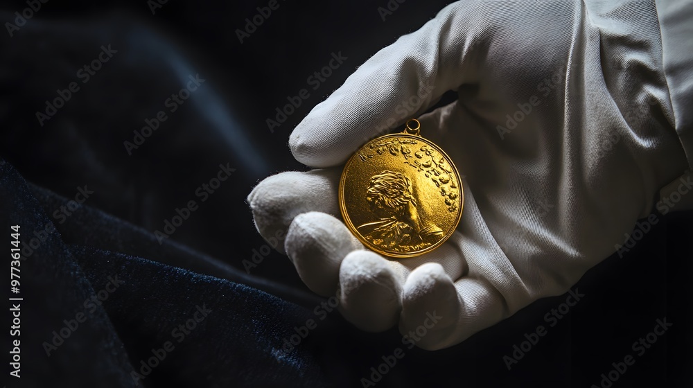 Canvas Prints Medal Presented by Gloved Hand: A gloved hand presenting a gold medal, the medal gleaming brightly against a dark velvet background. 
