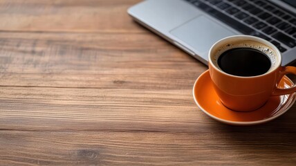 Freshly brewed coffee and a glowing laptop on a minimalist desk, representing focus and energy for a new workday Monday morning, workspace, productivity start