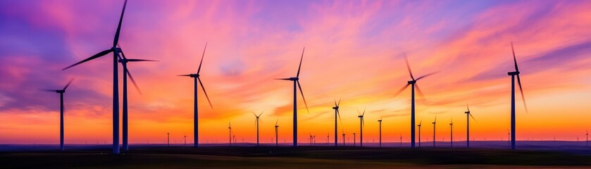 Obraz premium Stunning sunset over wind turbines creating a picturesque landscape, embodying renewable energy and sustainable development.