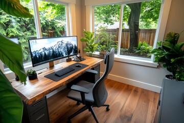 Fototapeta premium A home office filled with natural light, indoor plants, and eco-friendly, reclaimed wood furniture for a stress-free workspace