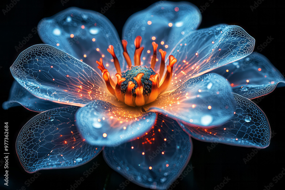 Poster an abstract flower with petals shaped like fractals, continuously repeating patterns,