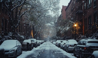 A snowy street with cars parked on both sides