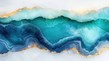 A stunning abstract design with flowing waves of teal, blue, and white, highlighted by gold accents, evoking the beauty of agate or marble patterns.