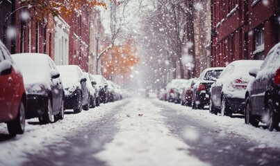 Fototapeta premium A snowy street with cars parked on both sides