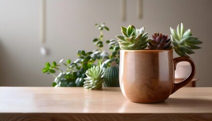 Ceramic Mug and Small Plants on a Table. A ceramic mug and small plants, such as succulents, on a table, creating a cozy and inviting scene.