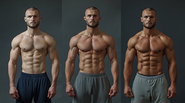 Three men with muscular bodies are standing in front of a gray background