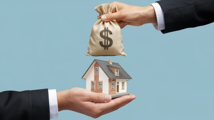 A hand holding a money bag over a miniature house, symbolizing investment.