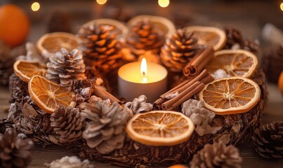 A wreath with pine cones and oranges with a lit candle in the center