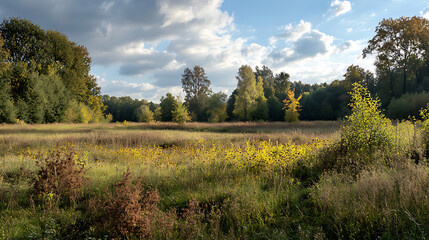 A natural area in Europe with invasive common ragweed plants spreading across the landscape, affecting local biodiversity 