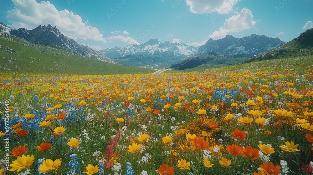 Poster a field of flowers with mountains in the background