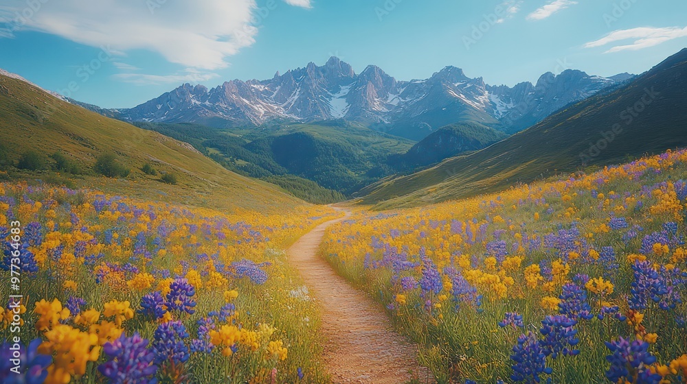 Poster a path winds through a field of wildflowers, with mountains in the background