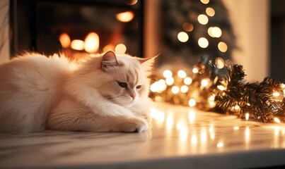 A cat is laying on a table next to a Christmas tree