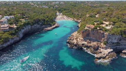 mediterranean beach on Palma de Mallorca, aerial view of Mallorca coastline, vacation in Spain, holiday on Balearic Islands