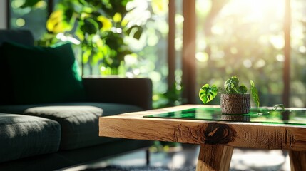 Coffee table made from upcycled glass and wood in a cozy, minimalist living room, sustainable furniture, ecoconscious home decor