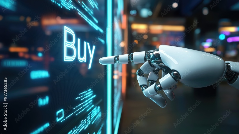 Poster a sleek robot hand is pointing towards the word 
