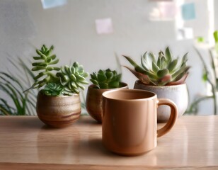 Ceramic Mug and Small Plants on a Table. A ceramic mug and small plants, such as succulents, on a table, creating a cozy and inviting scene.