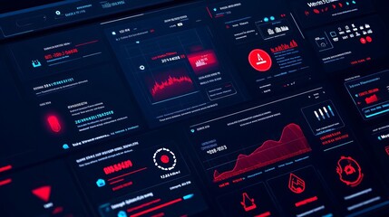 Cybersecurity software UI, dark theme with red and blue accents, clear alerts and warning icons, intuitive dashboard for monitoring threats