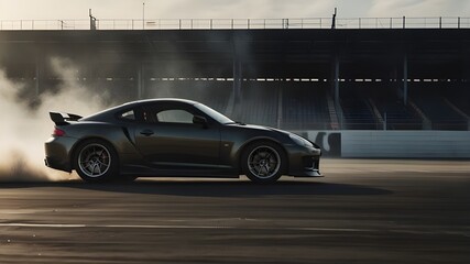 Fototapeta premium generic sports car performing burnout or drifting on racing track with smoke and heat as wide banner with copy space area