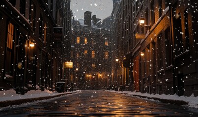 A snowy city street with a few lights on