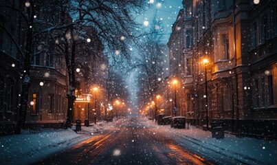 A snowy street with a few lights on