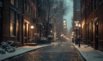 Fototapeta premium A snowy city street with a few lights on