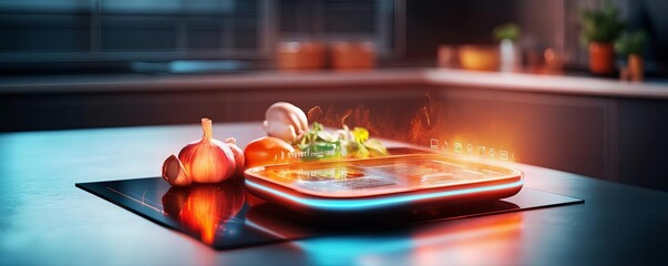 Digital cooking assistant app, holographic recipe steps, glowing ingredient details, futuristic kitchen setting