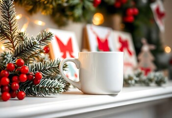 Christmas White Mug Mockup, A white mug with a christmas tree and decorations on it.
