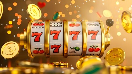 Slot Machine Jackpot: A slot machine displaying a winning combination, coins and lights celebrating the jackpot. 

