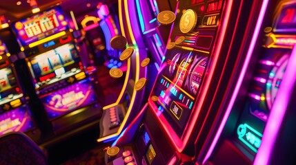Slot Machine Jackpot: A slot machine displaying a winning combination, coins and lights celebrating the jackpot. 
