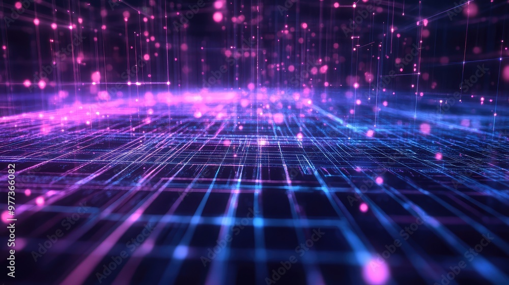 Poster pulsating lines of light forming intricate geometric patterns in a glowing, futuristic grid.